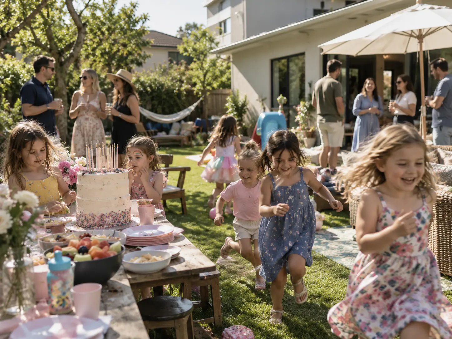 A little girl laughing at her own birthday party in the backyard of a new home